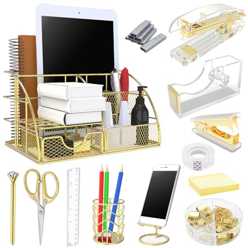 Office Desk Organizers, Gold 13PCS Office Supplies and Accessories Desk organizer, Acrylic Stapler, Staple Remover, Clips, Scissor, Phone Holder, Pen, Pen Holder