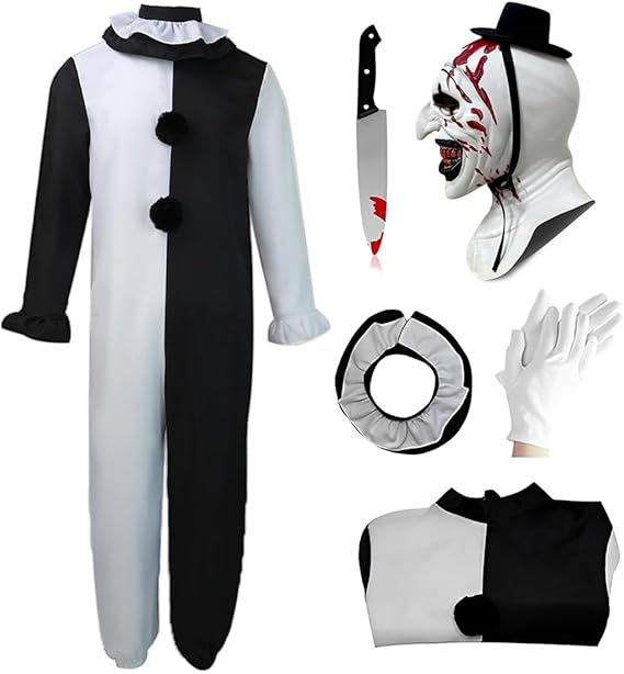 Kids Art Clown Costume with Bloody Mask Cosplay Outfit Boys Girls Ages 4-14