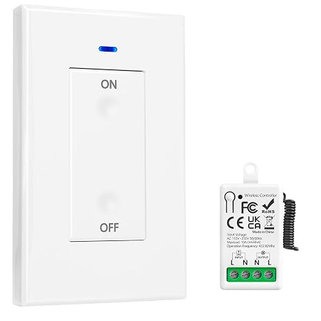 DieseRC Wireless Light Switch Remote Receiver Kit, No Wiring and Easy Install,Programmamed,100FT RF Range, Remote Control Wall Switch for Lights to 1500W