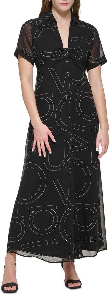 Calvin Klein Womens Chiffon Printed Shirtdress Black 4