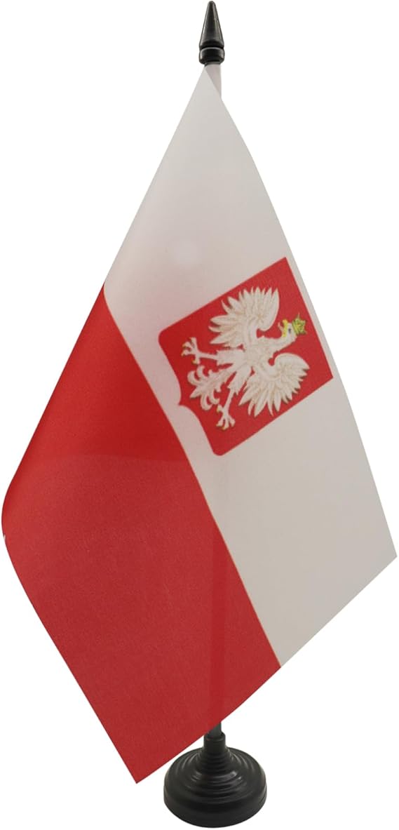 AZ FLAG Poland with eagle Table Flag 5'' x 8'' - Polish coat of arms Desk Flag 21 x 14 cm - Black plastic stick and base