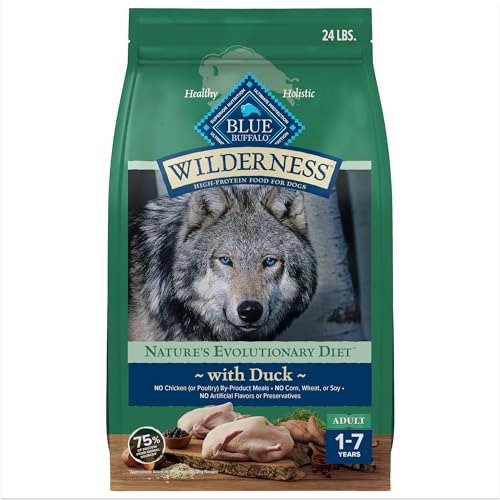 Blue Buffalo Wilderness Natural High-Protein Dry Food for Adult Dogs, with Wholesome Grains, Duck, 24-lb Bag.