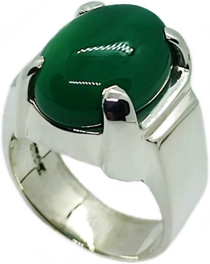 14 Carat Natural Yemeni Deep Green Aqeeq Mens Plain Elegant Ring Sterling Silver 925 Handmade Sabz Aqeeq Ring Gift for Him Agate Ring Religious Ring