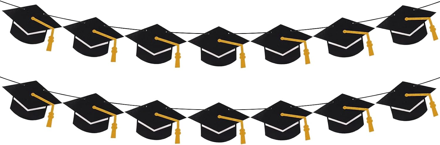 2025 Graduation Decorations Class of 2025 Grad Banner Pre-Strung Glitter Graduation Garland with Tassel Grad Cap Banner for Grad Party Supplies Black