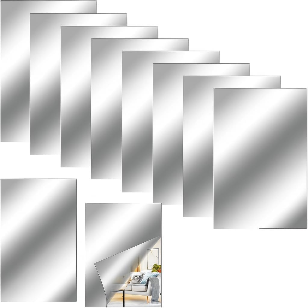 Kyrotech 2 Self Adhesive Acrylic Plexiglass Mirrors, Flexible Decorative Sticker Wall Mirror, Unbreakable, Lightweight, Easy Assembled Modern Decoration For Home, Office, Bathroom and Childrens Room Silver, 5x10 CM
