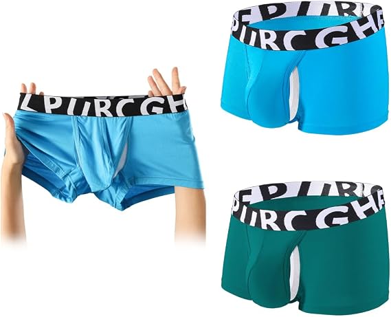 Mens Fly Pouch Trunks Separate Front Open Underwear 2 Pairs Breathable Bulge Boxer Briefs Short & Long Leg