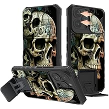 Rossy for iPhone 15 Pro Max Phone Case 2023 with Slide Camera Cover Built-in Kickstand Dual Layer Hybrid Shockproof Protective Cover Case for Apple iPhone 15 Pro Max 6.7 inch,Cool Skull