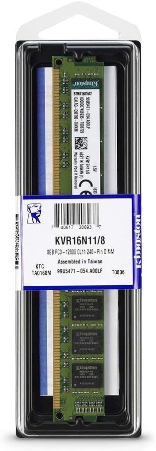 Kingston Value (KVR16N11/8) RAM 8 GB 1600MHz DDR3 (PC3-12800) Non-ECC CL11 240 Pin DIMM Motherboard Memory