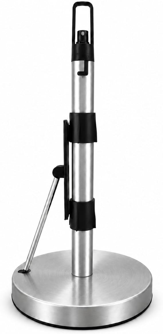 Paper Towel Holder with Spray Pump, All-in-One Countertop Paper Towel Stand with Refillable Bottle, One-Handed Tear Kitchen Roll Holder, Weighted Base, Brushed Stainless Steel(Nickel)