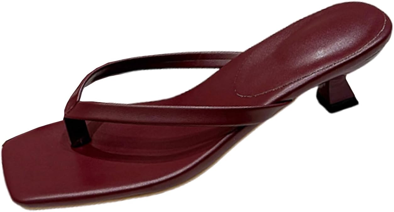 Maylrvjv Women's Kitten Heel Sandals Square Toe Slip on Flip Flop Heels Thong Sandals Party Dress Heeled Sandals,Burgundy