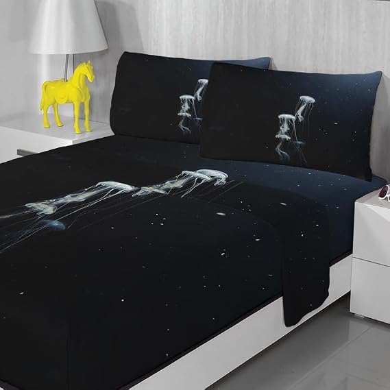 Jellyfish Bed Sheets Queen Size - Black and White Sheet & Pillowcase Sets - Luxurious 100% Microfiber, High Thread Count Print, Flat Sheet & Deep Pocket Fitted Sheet & 2 Pillowcases