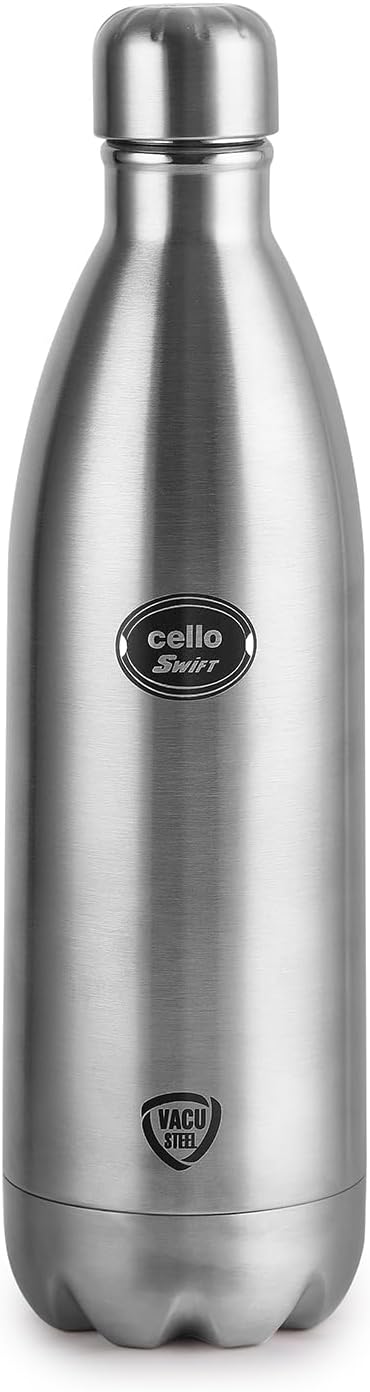 Cello Swift Stainless Steel Vacuum Insulated Flask with Screw Lid | Leak Proof | Double Walled Silver Bottle for Home, Office, Travel (34oz, Silver)