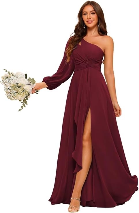 Elmiansly Womens One Shoulder A Line Bridesmaid Dresses Single Sleeve Chiffon Formal Wear with Slit Keyhole Long Maxi Dress