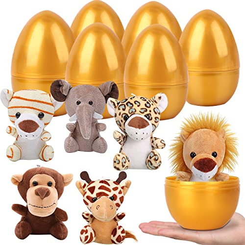 YUJUN 6pc Easter Eggs with Plush Animal Toys, Mini Stuffed Animals for Kids Party Favors, Basket Stuffers & Egg Fillers