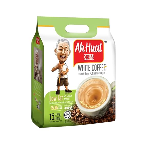 Ah Huat Low Fat No Added Sugar White Coffee Instant Malaysian White Coffee 15 Sachets (20g Each) Smooth Creamy Traditional Ipoh Style Halal Certified