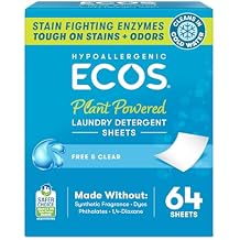 ECOS Laundry Detergent Sheets Vegan, No Plastic Jug, No Mess & Liquid Free - Hypoallergenic, Plant Powered Laundry Detergent Sheet - Free and Clear - 64 Count (Pack of 1)