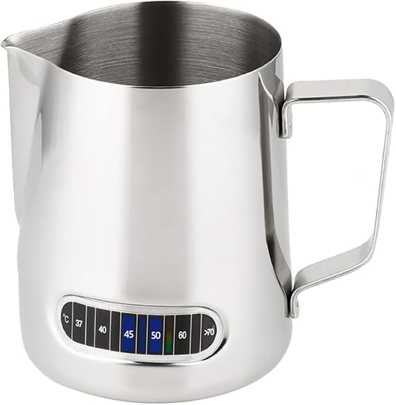Milk Jug for Coffee Machine Use,600ml Small Stainless Steel Milk Frothing Pitcher with Thermometer Stainless Steel Suitable for Coffee, Latte & Cappuccino