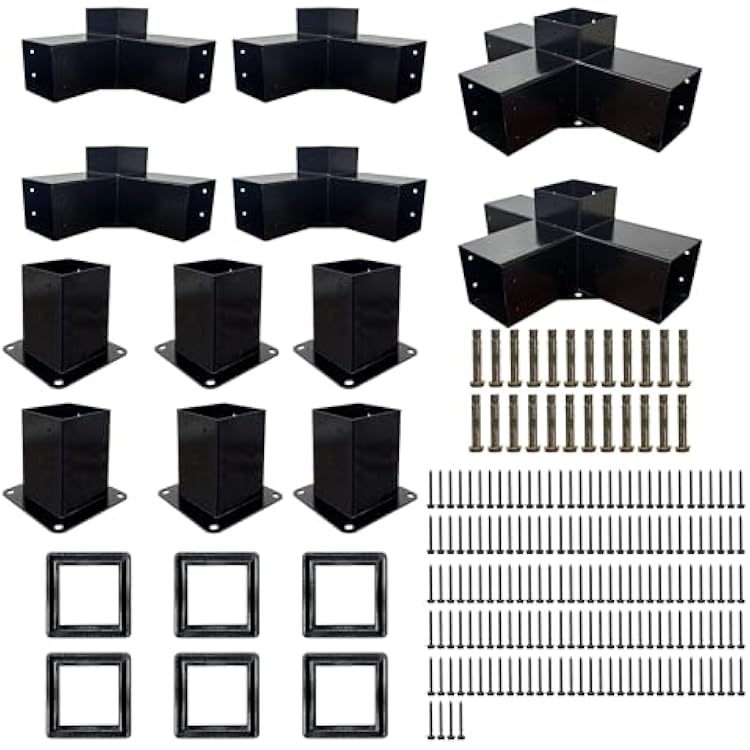 Pergola Kit with 3-Way Brackets & 4-Way Corner Brackets for 4x 4 Actual 3.6 X 3.6 Lumber, Heavy Duty Iron Gazebo Bracket Kits Suitable for Pergolas, Gazebos Includes Metal Base, Screws