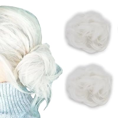 iLUU Totally White Scrunchy Bun Up Do Hair Chignons Hairpiece Ribbon Ponytail Hair Extension Wavy Messy Synthetic Hair Wig Bun Extensions for Women Girl 2pcspack, #1001-Pure Snow White