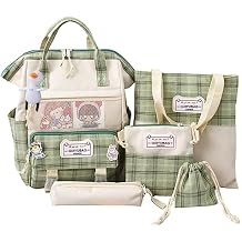 Hopecn Kawaii Plaid Backpack Set 5Pcs Women Cute Sage Green Aesthetic Bag School Bookbag Daypack Over 6 Years Old.
