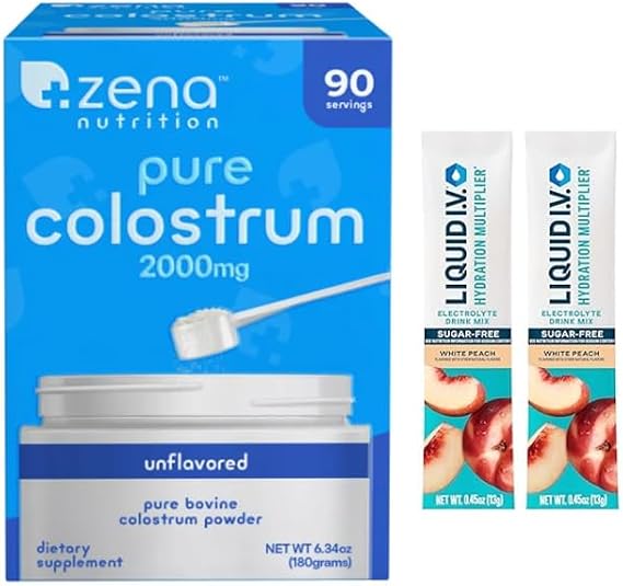 ZENA Pure Colostrum 2000mg Unflavored Bovine Colostrum Powder Dietary Supplement for Immune and Gut Health (6.34 oz, 90 Servings) Bonus 2 Sugar Free White Peach Hydration Sticks