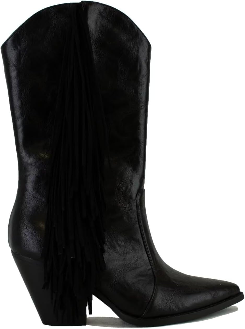 Womens Fringe Western Boot Ankle Boots Cowboy Boots Pointed Toe Stacked Block Heel Boots