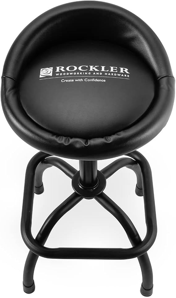 ROCKLER Pneumatic Shop Stool w/Backstop Matte Black Garage Stools for Workbench Resists Corrosion, Scratches - Workshop Stool w/Cushioned Vinyl Seat for Comfort - Shop Organization