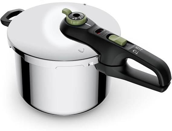 Tefal Secure Trendy P2580400 Pressure Cooker 4 L Induction 2-Level Regulator: Intensive Level 117 °C Gentle Level 112 °C Induction Capsule Base for All Hob Types Stainless Steel Black/Green