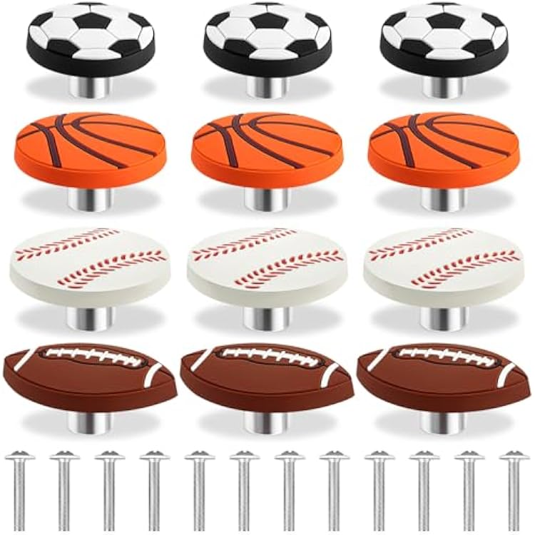 12 Pcs Sports Ball Dresser Knobs Rubber Baseball Basketball Drawer Knobs Drawer Hardware Handle for Cabinet, Nursery, Kitchen and Home Decor Football, Basketball, Softball & Rugby Styles