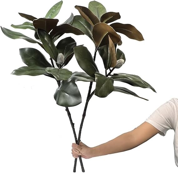 2Pcs Magnolia Artificial Leaves Branches 32.2" Faux Rubber Tree Leaves Long Stem Real Touch Indoor Outdoor Home Decor