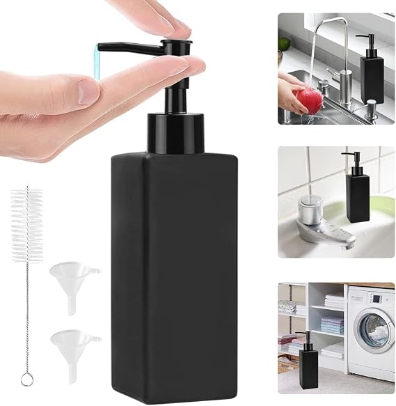 ADERTOS Black Soap Dispenser Matte Black Handwash Dispenser Soap Lotion Pump Bottle Dispenser Refillable Empty Press Pump Bottles Container with Funnel and Brushes for Kitchen Bathroom, 350ml/12oz