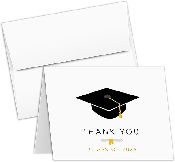 Graduation Cards 2026 Thank You Card - Cute & Stylish Greeting, Appreciation, Celebratory Greeting Card | 4.25 x 5.5 When Folded (A2 Size) | 80lb Cover (216gsm) | 25 per Pack (Class of 2026)