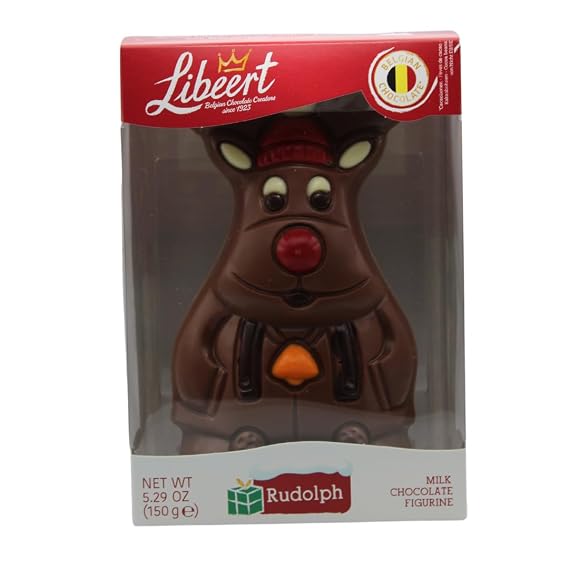 Belgian Chocolate Rudolph Reindeer Figurine - Milk Chocolate Holiday Treats - 150g Box - Cocoa, Dessert, Stocking Stuffer, Christmas