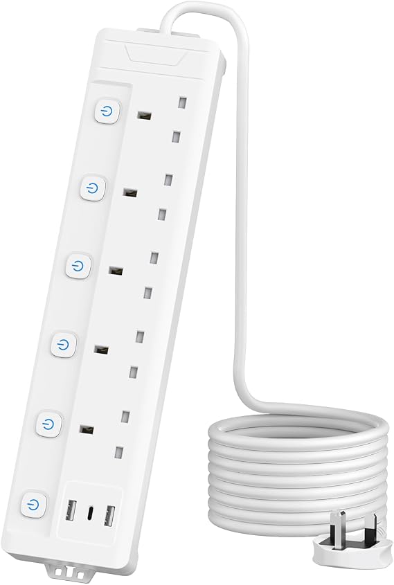 4M Extension Lead 5 Way with 3 USB Slots (2 USB-A,1 USB-C), Individually Switched Extension Lead with USB Slots, White 4 Metre Extension Cable, For Home Dorm Office