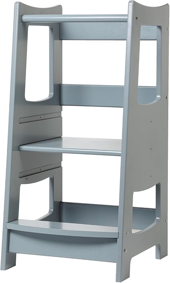 EGREE Modern Gray Wooden Toddler Kitchen Tower Step Stool- 3 Heights Adjustable Montessori Learning Tower Step Up Stool with Safety Rails - Kids Kitchen Helper Stand for Cooking & Bathroom