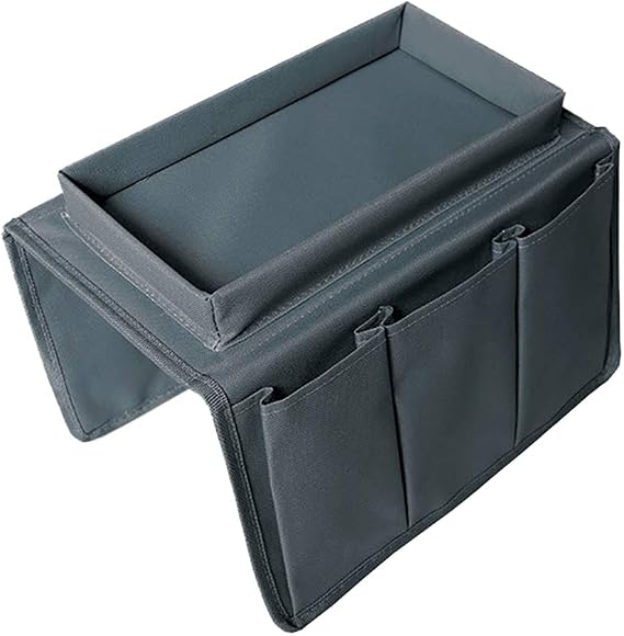 Sofa Armrest Organiser with Cup Holder Tray - Dorm Bedroom Bed Sofa Organiser Storage Hanging Bag for Phone Magazine Books TV Remote (Grey)