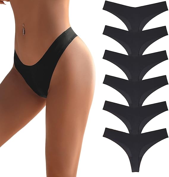 flintronic 6 Pack Seamless Women Thong Underwear, Sexy Ladies Underwear, No Show Panties, One-Size, Black