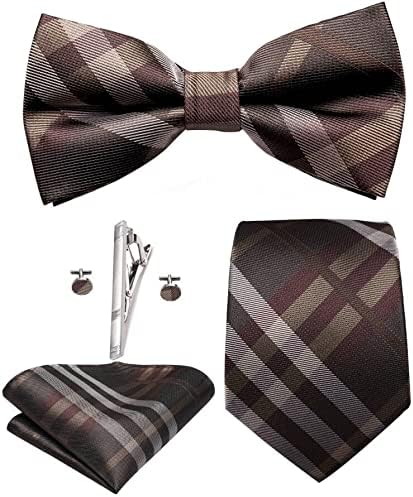 Hi-Tie Mens Tie and Bow tie 5pc Set Silk Necktie PretiedSelftie Bow Tie Handky Cufflinks Tie Clip or Lapel Pin Set Tuxedo