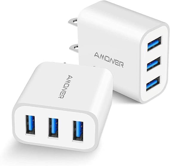 USB Wall Charger, Amoner 2Pack 15W 3-Port USB Charger Block iPhone Cube Charging Blocks for iPhone 14131211XXRX876, Galaxy, Android Phones and More