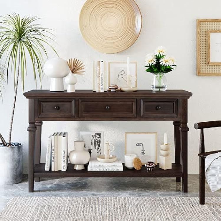50 Console Table, Solid Wood Sofa Table with Three Top Drawers, 4 Carved Conical Legs & Open Bottom Shelf, Entryway Table Buffet Sideboard for Living Room Bedroom Office, Espresso
