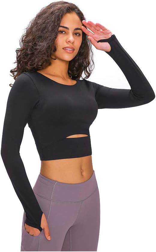 Women Yoga Crop Tops, Long Sleeve Workout Top with Built-in Shelf Bra Cropped Sweatshirts Stretch Athletic Shirts