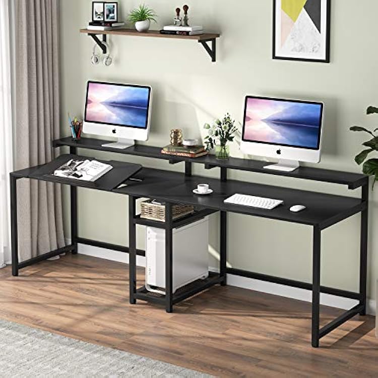 TIYASE 78.7 inch Double Computer Desk with Storage Shelves, Extra Long Two Person Desk with Hutch, Double Workstation Home Office Desk Writing Table with Tiltable Tabletop and Monitor StandBlack