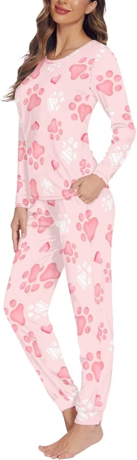 Women's 2Pcs Round Neck Long Sleeve Pajamas Set Sleepwear Elastic Waisted Pants with Side Pockets Casual Loungewear