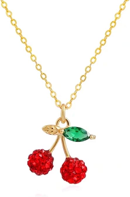 Cherry Necklace, Red Cherry Pendant Necklace-925 Silver/Gold Plated Cherry Necklace, Women Fashion Necklace, Red Cherry Pendant Rhinestones Cherry Necklace