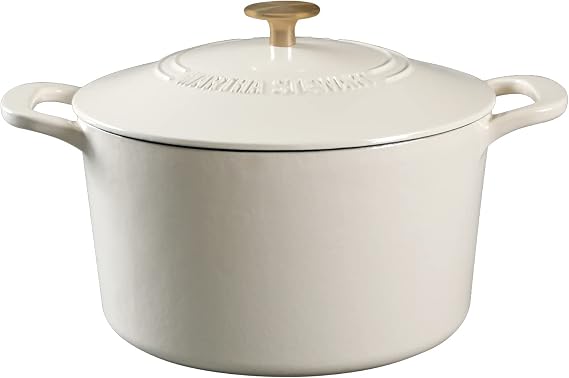 MARTHA STEWART Gatwick 7-Quart Enamel Cast Iron Dutch Oven Linen White With Gold Heavy-Duty Dutch Oven for Slow Cooking, Braising & Baking