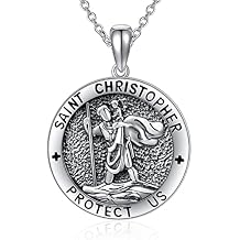 S925 Sterling Silver Patron Saint Amulet Necklace for Men Women Four Way Cross Pendant Religious Protection Medal Jewelry Gifts for Men Women Husband(with Gift Box)