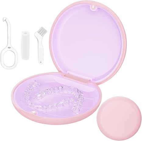 Braces Box Tooth Splint Box Compatible with Invisalign Retainer Case with Removal Tools & Aligner Chewies & Brush Removable Inner Silicone Compartment (Pink)