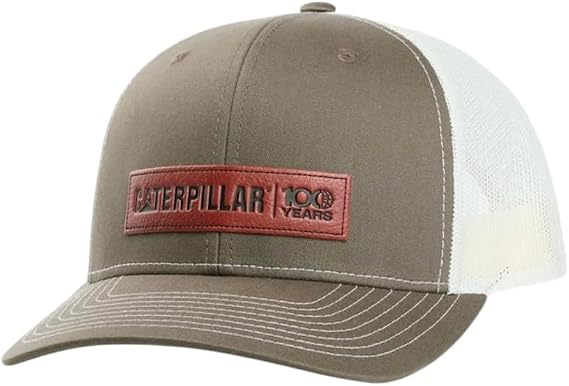 Caterpillar 100 Years Anniversary Trucker Hat, Olive Green with Tan Mesh, Leather Patch Logo, Adjustable Baseball Cap
