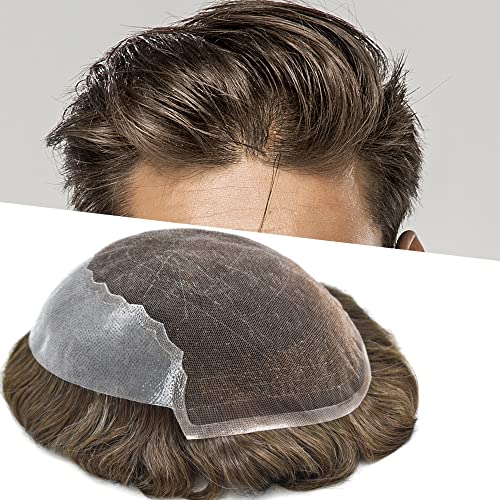 Mens Toupee French Lace Front Bleached Knots Poly Hair Replacement System Natural Hairline Transparent Breathable Hairpieces #5 Medium Light Brown-120% density, 8X10