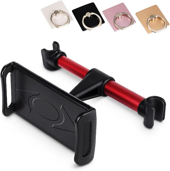 Car Headrest Mount, 360Rotated Car Headrest Bracket Tablet Headrest Holder Compatible with 4"- 11" iPhone/Samsung/iPad/Smartphones/Tablets,with 1 Free Phone Finger Ring Stand (Red-Black)